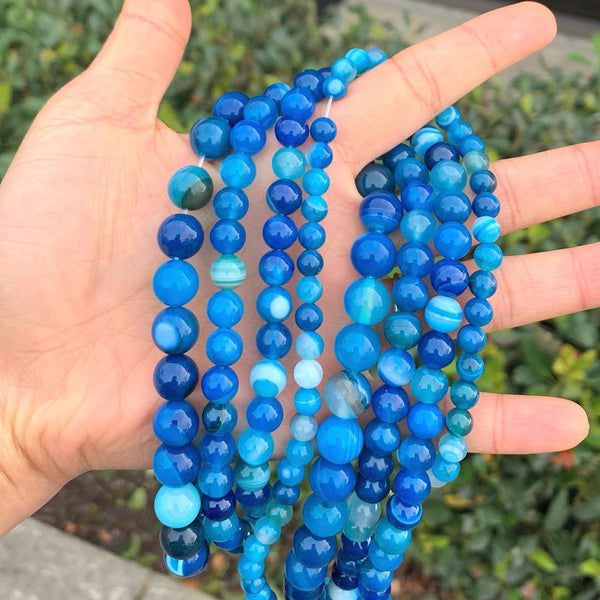 AAA Natural Banded Blue Agate Gemstone Round Beads, 15 Inch/1 Strand, Size Selections: 4mm/6mm/8mm/10mm