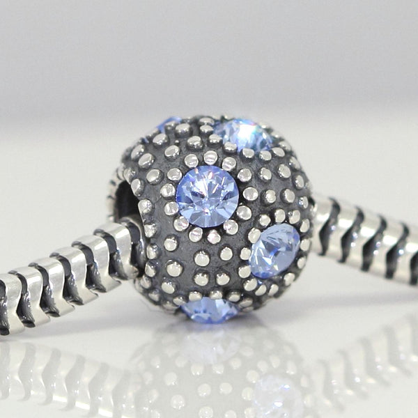 1pc 925 Sterling Silver December Birthstone Bead Charm, Blue Zircon Cubic Zirconia CZ, 10.3x9mm, Hole ID 4.5mm, EC1-M12