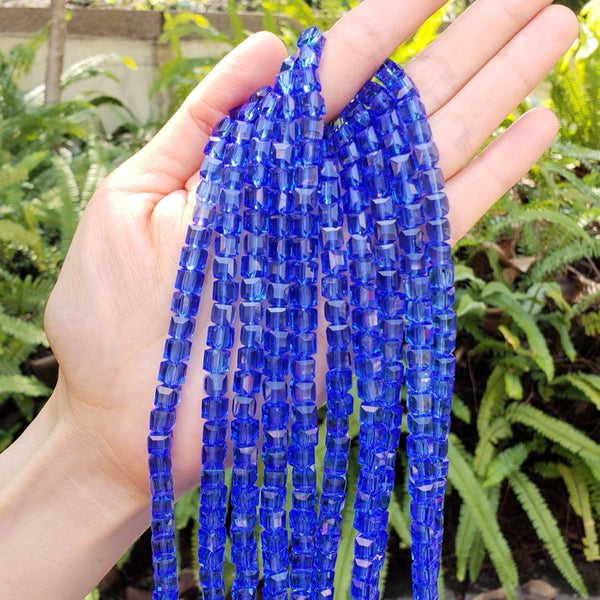 100pcs Creative Club Faceted Cube Crystal Glass Beads, Sapphire Blue, 6mm, Hole ID 1mm, CCC613