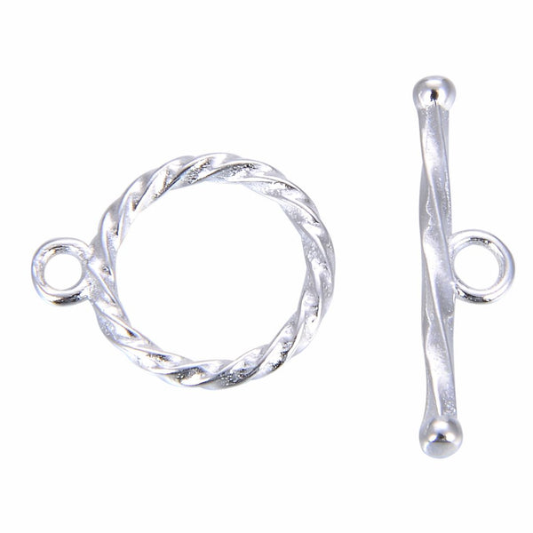 2 Sets 925 Sterling Silver Round Twisted Toggle Clasps, T-Bar Jewelry Closure, 12mm (0.47 Inch), SS396