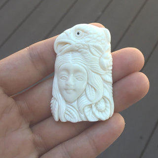 1pc Beautiful Eagle Goddess Hand Carved White Buffalo Bone Drop Pendant, Symbol of Strength Prosperity Pendant, with Sterling Silver Bail, 2.2 Inch, BP-73