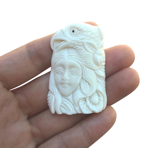 1pc Beautiful Eagle Goddess Hand Carved White Buffalo Bone Drop Pendant, Symbol of Strength Prosperity Pendant, with Sterling Silver Bail, 2.2 Inch, BP-73