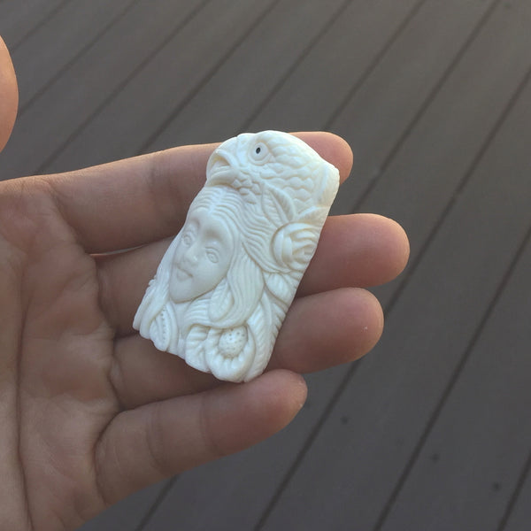 1pc Beautiful Eagle Goddess Hand Carved White Buffalo Bone Drop Pendant, Symbol of Strength Prosperity Pendant, with Sterling Silver Bail, 2.2 Inch, BP-73