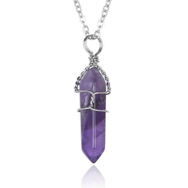 1pc Natural Purple Amethyst Crystal Gemstone Pendant Necklace, 18 Inch Surgical Stainless Steel Chain, GGP-E4