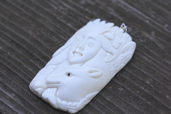 1pc Beautiful Husky Goddness Hand Carved White Buffalo Bone Drop Pendant, Symbol of Strength Prosperity Pendant, with Sterling Silver Bail, 2.2 Inch, BP-74