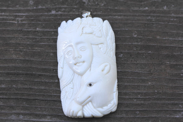 1pc Beautiful Husky Goddness Hand Carved White Buffalo Bone Drop Pendant, Symbol of Strength Prosperity Pendant, with Sterling Silver Bail, 2.2 Inch, BP-74