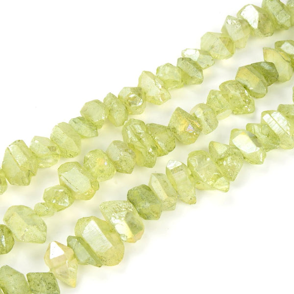 Natural Raw Crystal Quartz Nugget Drilled Gemstone Beads, Peridot Green AB Titanium Coated Stone Nuggets, 15 Inch, GA-B10