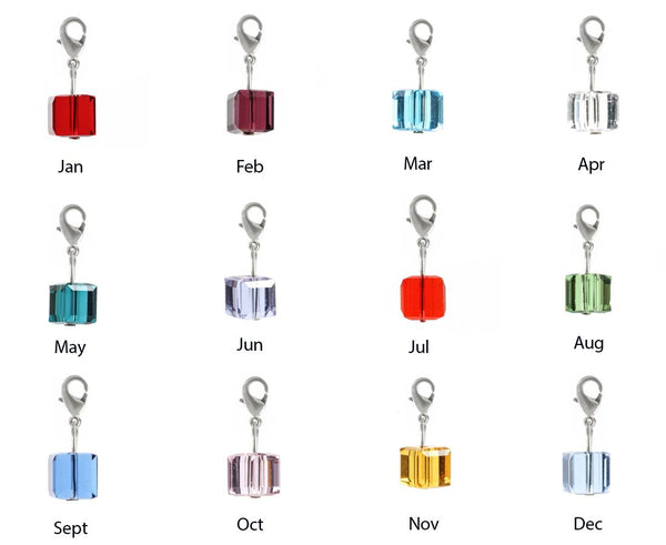 1 Set/12pcs Mixed Clip On Dangle Birthstone Charm Drops, 8mm Cube Crystal Beads, Sterling Silver Plated Clasps, BL5