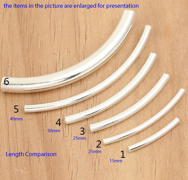 10pcs 925 Sterling Silver Curved Noodle Tubes, Hole ID 1.5mm, Size Selections: 20mm/25mm/30mm/35mm/40mm