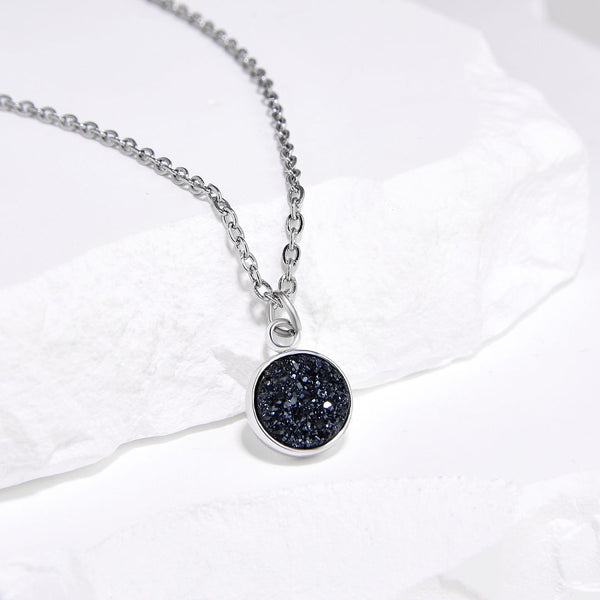 1pc Natural Druzy Crystal Pendant Necklace, Hematite Black Round Disc Small Tiny Gemstone Pendant, 18 inch Stainless Steel Surgical Chain, GGP21-4