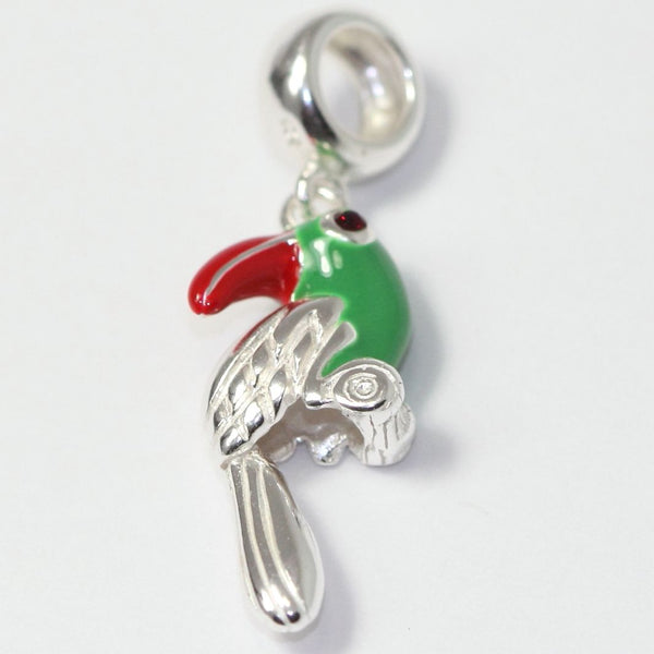 1pc Cute Real Solid Sterling Silver Green Parrot Charm Bird Bead, Compatible with Pandora All Other Charm Bracelets, EC638-A