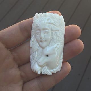 1pc Beautiful Husky Goddness Hand Carved White Buffalo Bone Drop Pendant, Symbol of Strength Prosperity Pendant, with Sterling Silver Bail, 2.2 Inch, BP-74