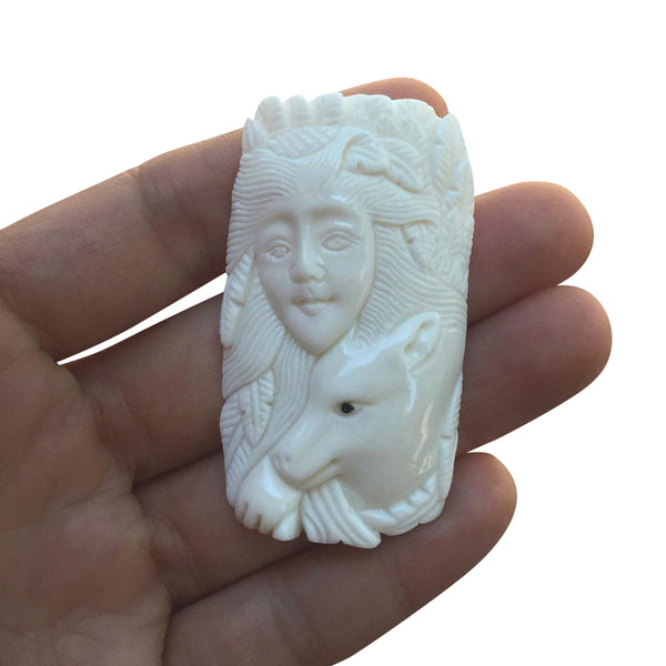 1pc Beautiful Husky Goddness Hand Carved White Buffalo Bone Drop Pendant, Symbol of Strength Prosperity Pendant, with Sterling Silver Bail, 2.2 Inch, BP-74