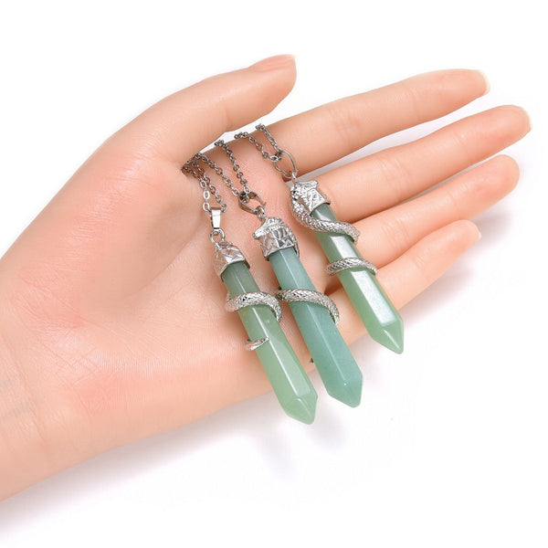1pc Natural Green Aventurine Hexagonal Pile Gemstone Pendant Necklace, 18 Inch Surgical Stainless Steel Chain, GGP-D10
