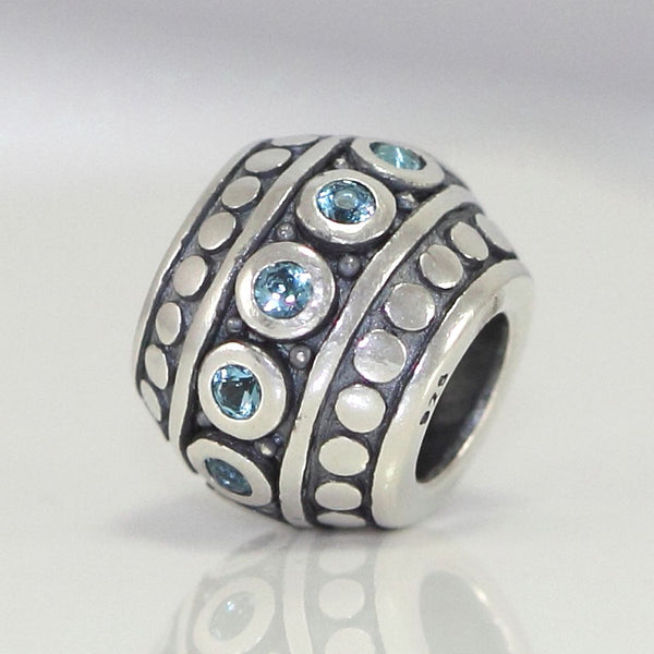 1pc 925 Sterling Silver Round March Birthstone Bead Charm, Blue Aquamarine Cubic Zirconia CZ, 10x8mm, Hole ID 4.5mm, EC1-F3