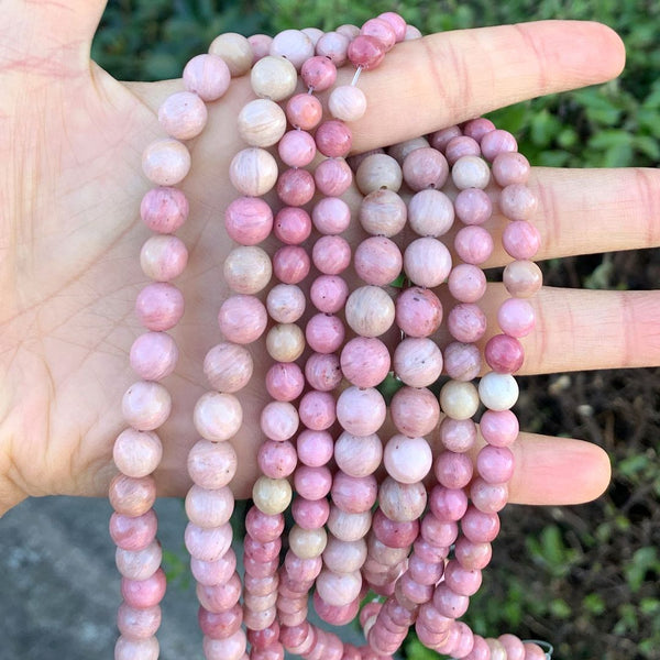Natural Pink Rhodonite Gemstone Round Beads, 1 Strand/15 Inch, Size Selections: 4mm/6mm/8mm/10mm