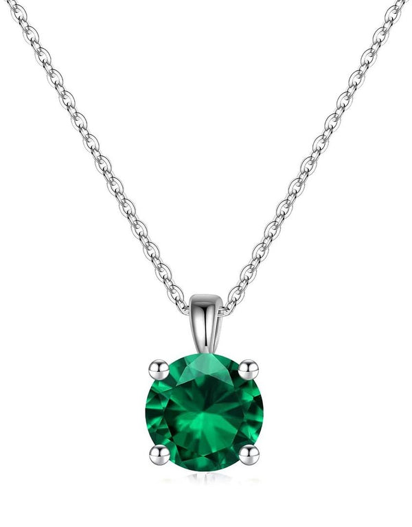 925 Sterling Silver May Birthstone Solitaire Necklace, 8mm/2 Carat Green Emerald Cubic Zirconia CZ, Length Selections: 16 inch/18 inch