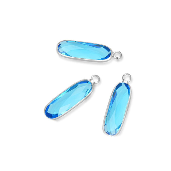 10pcs Grade A March Aquamarine Blue Rectangle Bar Birthstone Charm Drops, Sterling Silver Plated Brass, 21x7mm, CCP8-S3
