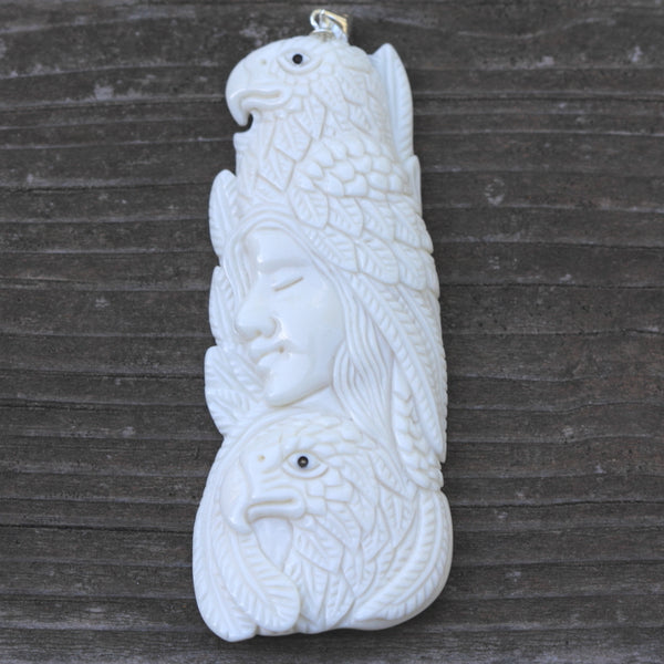 1pc Beautiful Sacred Two-Eagle Goddess Hand Carved White Buffalo Bone Drop Pendant, Symbol of Strength Prosperity Pendant, with Sterling Silver Bail, 2.5 Inch, BP-75