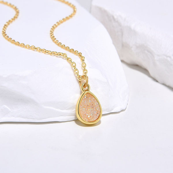 1pc Natural Druzy Crystal Pendant Necklace, Clear AB Teardrop Small Tiny Gemstone Pendant, 18 inch Gold Plated Stainless Steel Chain, GGP26-5