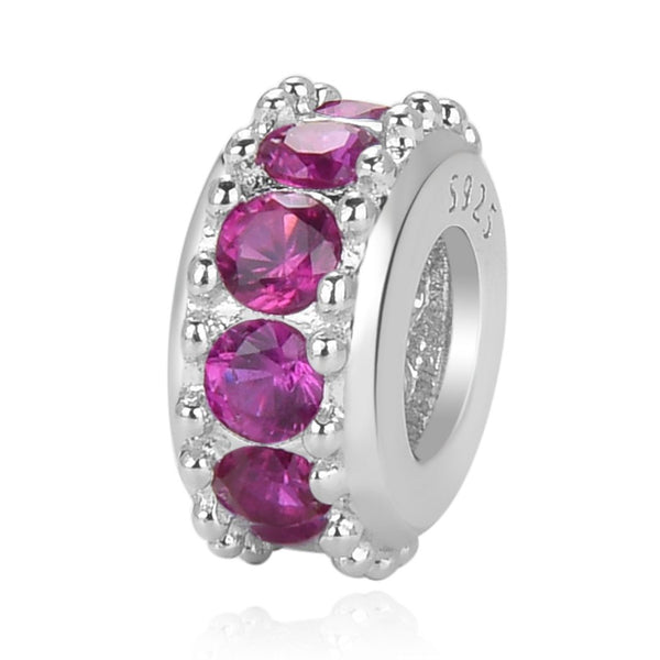 1pc 925 Sterling Silver July Birthstone Bead Charm, Red Ruby Cubic Zirconia CZ, 9.5x5mm, Hole ID 4.5mm, EC1-C7