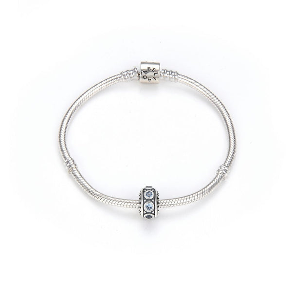 1pc 925 Sterling Silver March Birthstone Bead Charm, Blue Aquarmarine Cubic Zirconia CZ, 11x6.8mm, Hole ID 4.5mm, EC1-A3