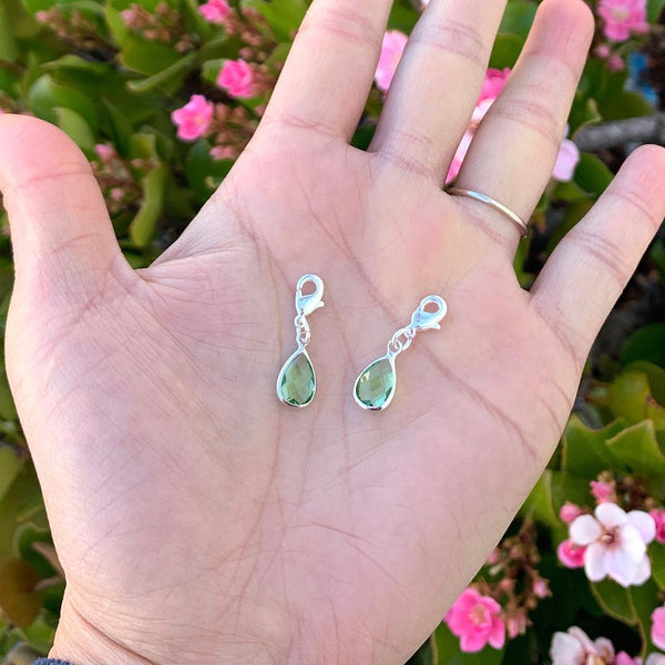 2pcs Clip On Dangle August Peridot Green Birthstone Charm Drops, Tarnish Resistant, Sterling Silver Plated Lobster Clasp, BL7-8
