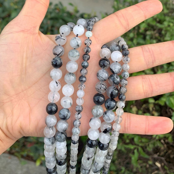 Natural Black Quartz Rutilated Gemstone Round Beads, 15 Inch/1 Strand, Size Selections: 4mm/6mm/8mm/10mm