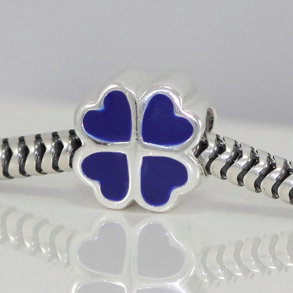 1pc Solid 925 Sterling Silver 4 Blue Heart-Petal Flower Bead Charm, Compatible with Pandora All Other Charm Bracelet, EC63