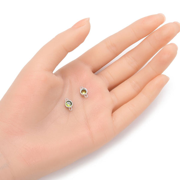 2pcs 925 Sterling Silver 6mm August Birthstone Links, Tarnish Resistant, Peridot Green Cubic Zirconia Gemstone Connector, SXP10-8