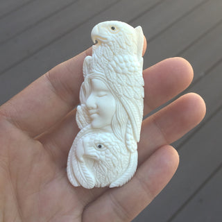 1pc Beautiful Sacred Two-Eagle Goddess Hand Carved White Buffalo Bone Drop Pendant, Symbol of Strength Prosperity Pendant, with Sterling Silver Bail, 2.5 Inch, BP-75