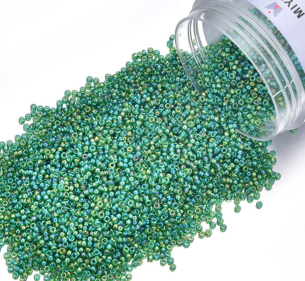 25g Miyuki Rocaille 15/0 Round Seed Beads Translucent Rainbow Green RR-179