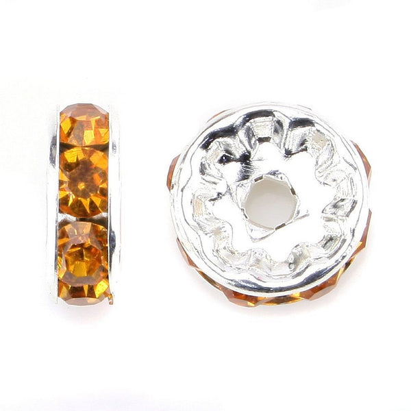 100pcs Grade A Rhinestone Rondelle Beads, Topaz Yellow Rhinestone, Sterling Silver Plated Brass, Size Selections: 5mm/6mm/8mm/10mm/12mm