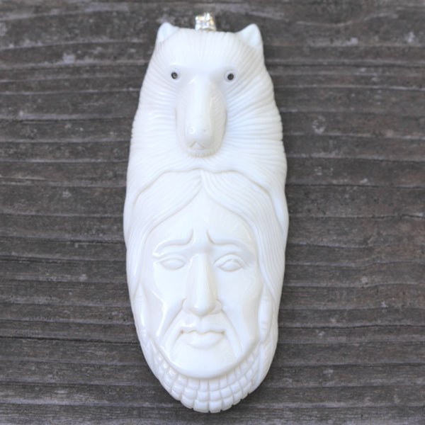 1pc Beautiful Brave Husky Goddess Hand Carved White Buffalo Bone Drop Pendant, Symbol of Strength Prosperity Pendant, with Sterling Silver Bail, 2.8 Inch, BP-76