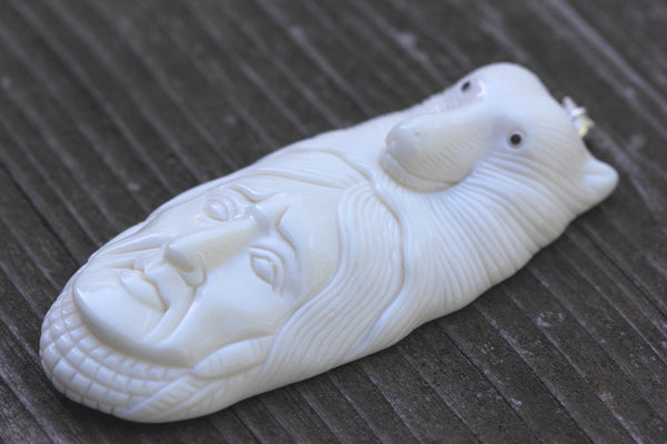 1pc Beautiful Brave Husky Goddess Hand Carved White Buffalo Bone Drop Pendant, Symbol of Strength Prosperity Pendant, with Sterling Silver Bail, 2.8 Inch, BP-76