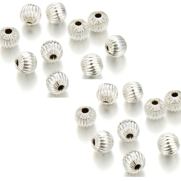 100pcs Tarnish Resistant Small Tiny Corrugated Melon Round Beads, Sterling Silver Plated Brass, 4mm, Hole ID 1mm, BF109-4