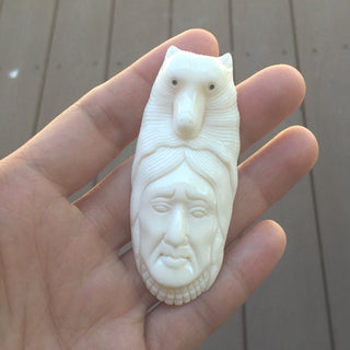 1pc Beautiful Brave Husky Goddess Hand Carved White Buffalo Bone Drop Pendant, Symbol of Strength Prosperity Pendant, with Sterling Silver Bail, 2.8 Inch, BP-76