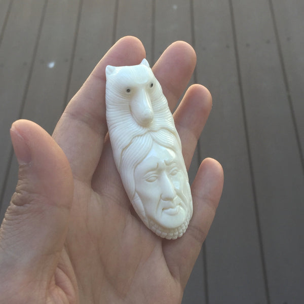 1pc Beautiful Brave Husky Goddess Hand Carved White Buffalo Bone Drop Pendant, Symbol of Strength Prosperity Pendant, with Sterling Silver Bail, 2.8 Inch, BP-76