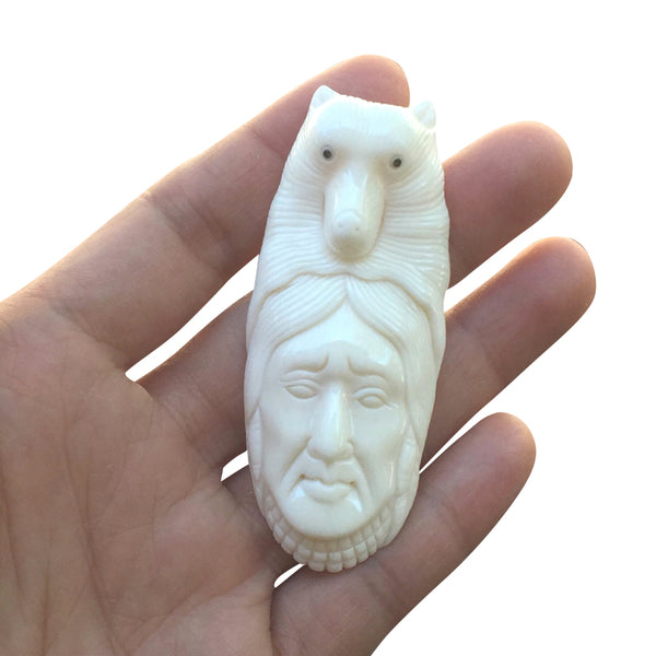 1pc Beautiful Brave Husky Goddess Hand Carved White Buffalo Bone Drop Pendant, Symbol of Strength Prosperity Pendant, with Sterling Silver Bail, 2.8 Inch, BP-76