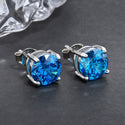 1 Pair 925 Sterling Silver December Birthstone Round Cut Stud Earrings, 8mm/2 Carat Cubic Zirconia CZ Blue Zircon Stone, SSE49-12