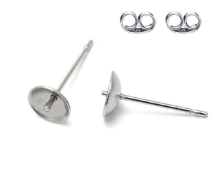 100pcs 304 Surgical Stainless Steel Stud Findings Glue-In Cup Earring Posts with Earnut Backs – (4mm/6mm/8mm)