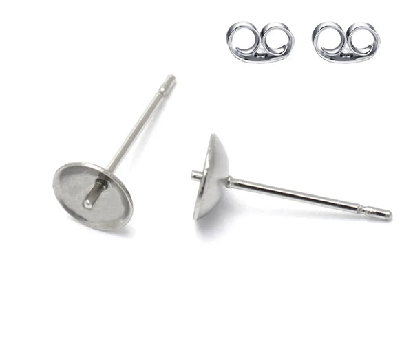 100pcs 304 Surgical Stainless Steel Stud Findings Glue-In Cup Earring Posts with Earnut Backs – (4mm/6mm/8mm)