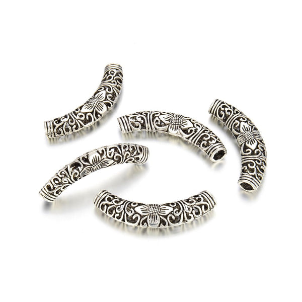 10pcs Large Hole Curved Filigree Flower Noodle Tubes, Antique Silver, 51mm (2 Inch), Hole ID 5mm, MC-L10