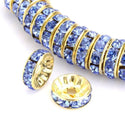 100pcs Grade A Rhinestone Rondelle Beads, Light Sapphire blue Rhinestone, 18K Yellow Gold Plated Brass, Size Selections: 5mm/6mm/8mm/10mm/12mm
