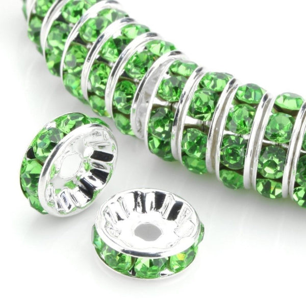 100pcs AAA Grade Rhinestone Rondelle Beads, Sterling Silver Plated Brass, Peridot Green Rhinestone, Color Selections: 5mm/6mm/8mm/10mm/12mm