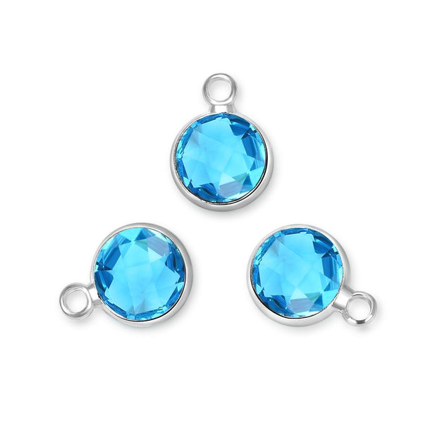 10pcs Grade A March Aquamarine Blue Birthstone Charm Drop, Sterling Silver Plated Brass, Size Selections: 6mm/8mm/10mm