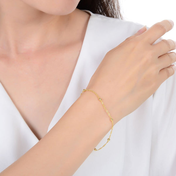 1pc 925 Sterling Silver 3mm Bead Station Singapore Chain Bracelet, Real 18K Yellow Gold Plated, Length Selections: 6.5 inch/7 inch/7.5 inch/8 inch