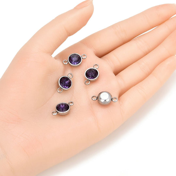 10pcs Grade A February Amethyst Purple Birthstone Links, Stainless Steel, Tarnish Resistant, 10mm, CCP36-2