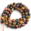 Natural Multi-color Tiger Eye Gemstone Oval Tumbled Pebble Beads, Irregular, 8mm to 10mm, Hole ID 1mm, 15 Inch/1 Strand, GZ12-7