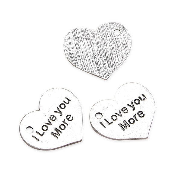 20pcs I Love You More Heart Charms, 25.5mm Large One Sided Heart Drop Pendants, Antique Silver, MC-D31